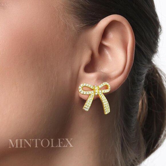 Gold Silver Sparkly Cubic Zirconia Bow Stud Earrings for Women - Elegant Jewelry - Picture 5 of 7